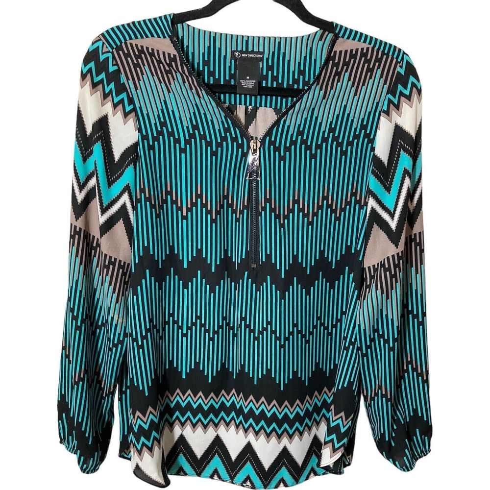 New Directions Womens Medium Green/Black Stripe 3/4 Zip Stretch Tunic Top EUC
